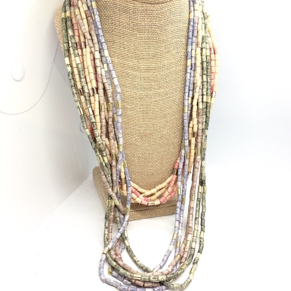 3/$30 VINTAGE BOHO MULTI STRAND NECKLACES TUBE BEADS BLUE PINK PLASTIC SET 2 - Picture 1 of 13
